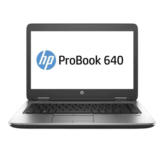 Full front view of HP ProBook 640 G2 and G3 14-inch laptop with Intel Core i5 7th Gen processor and sleek silver design.- Rentopc