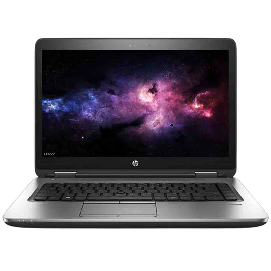 HP ProBook 640 G2  14-inch laptop with Intel Core i5 6th Gen and vibrant display open showing keyboard and touchpad.- Rentopc