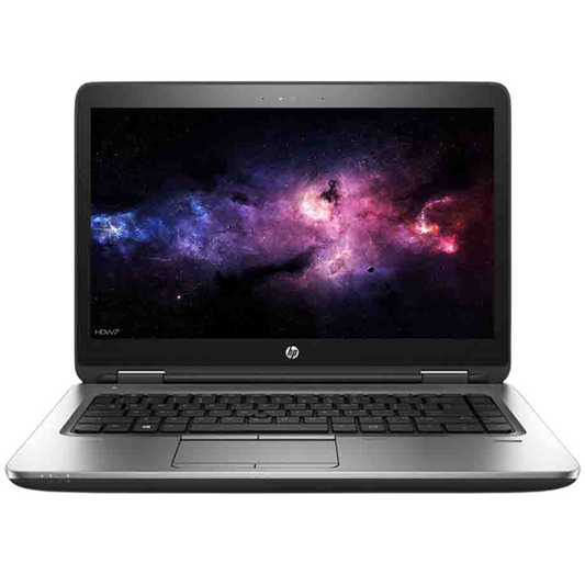 HP ProBook 640 G2  14-inch laptop with Intel Core i5 6th Gen and vibrant display open showing keyboard and touchpad.- Rentopc