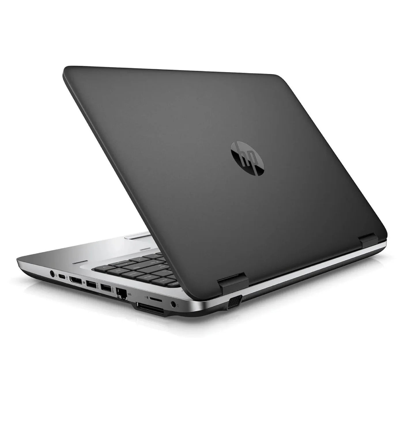 HP ProBook 640 G3 14-inch laptop showing gray lid, black keyboard, and slim profile with Intel Core i5 7th Gen design.- Rentopc