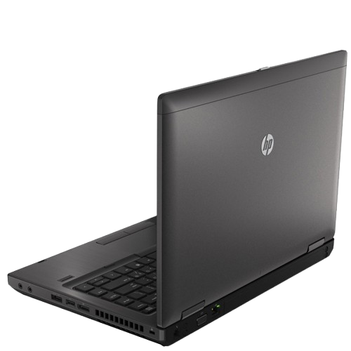 Rear lid view of HP ProBook 6470b laptop showcasing HP logo, hinge design, and ventilation grill.- Rentopc