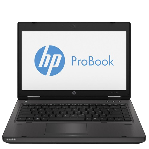 HP ProBook 6470b laptop with screen open, showing 14-inch display, full-size keyboard, and touchpad.- Rentopc