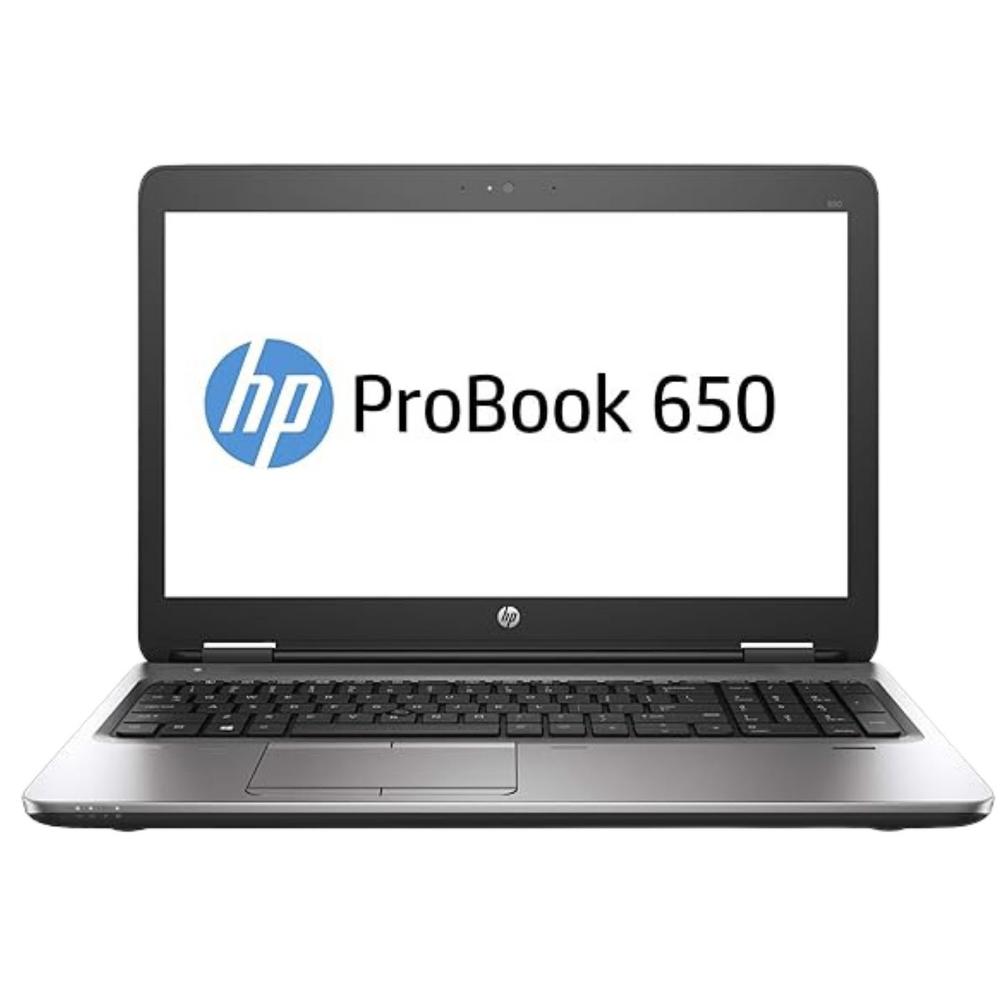 HP ProBook 650 G2 15.6-inch laptop front view showing display screen, HD webcam, dual microphones, full-size keyboard with numeric keypad, large touchpad, and silver palm rest.- Rentopc