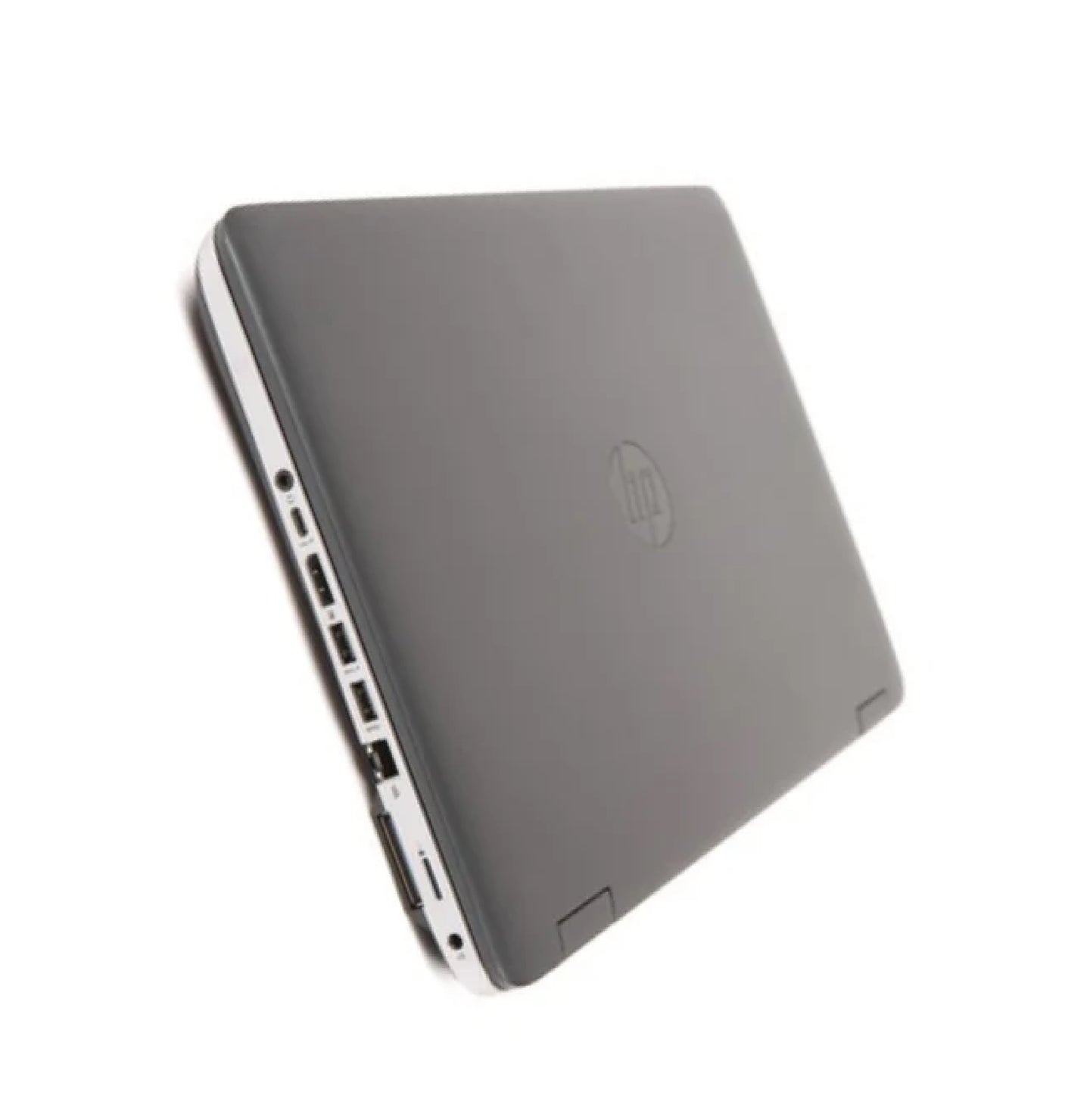 HP ProBook 650 G2 15.6-inch laptop closed lid rear left angle view left-side ports including VGA, DisplayPort, USB ports, Ethernet port, and smart card reader.- Rentopc