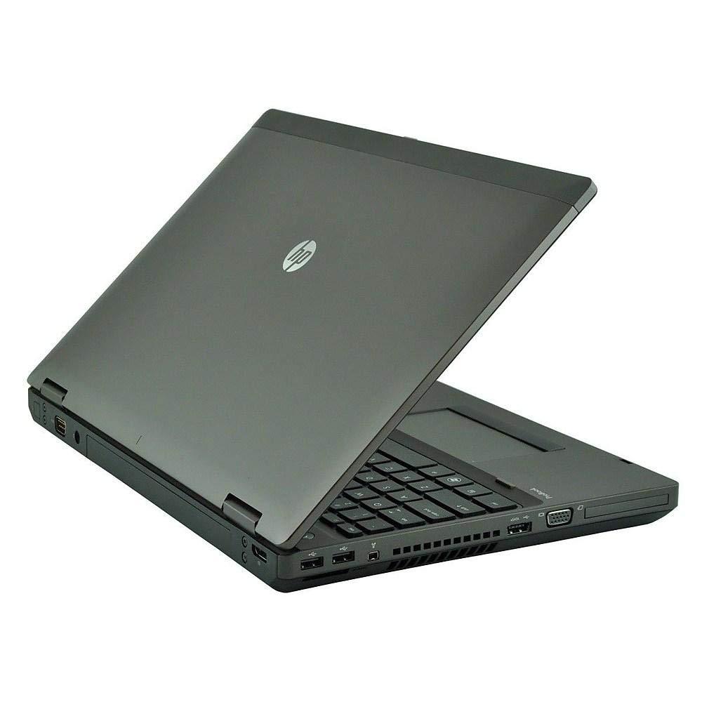 Rear left angled view of HP ProBook 6570b 15.6-inch laptop showing silver lid with HP logo, left-side ports, and partial keyboard.- Rentopc