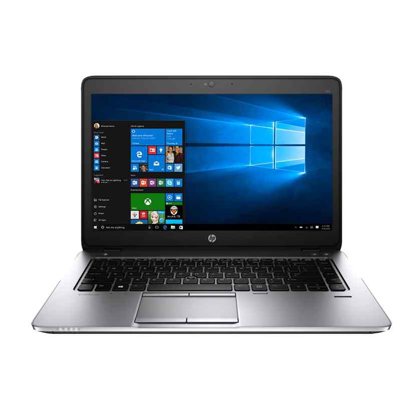 HP ProBook 745 G2 14-inch laptop front view with display showing Windows 10 home screen, full-size keyboard, touchpad, and silver chassis design.- Rentopc
