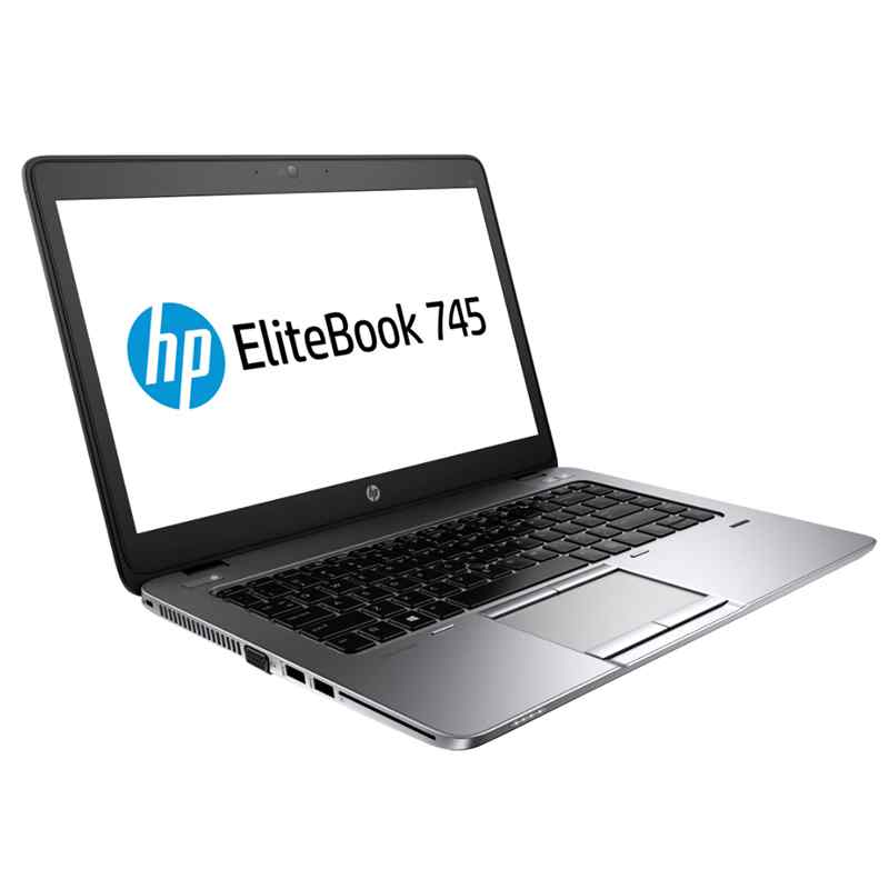 HP ProBook 745 G2 14-inch laptop left side view with VGA port, DisplayPort, USB 3.0 port, smart card reader, cooling vent, and security lock slot.- Rentopc