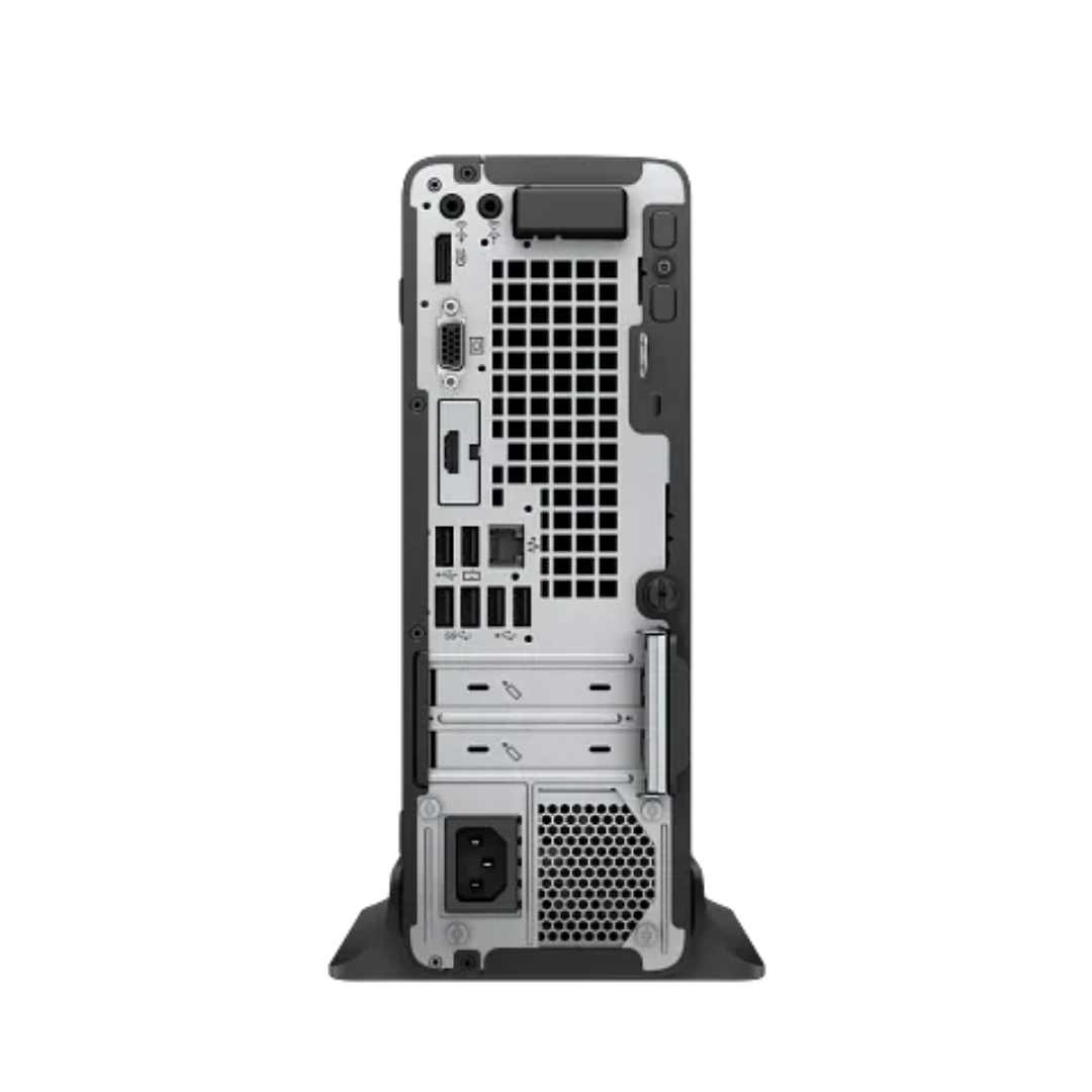 Back view of a computer tower on a white background