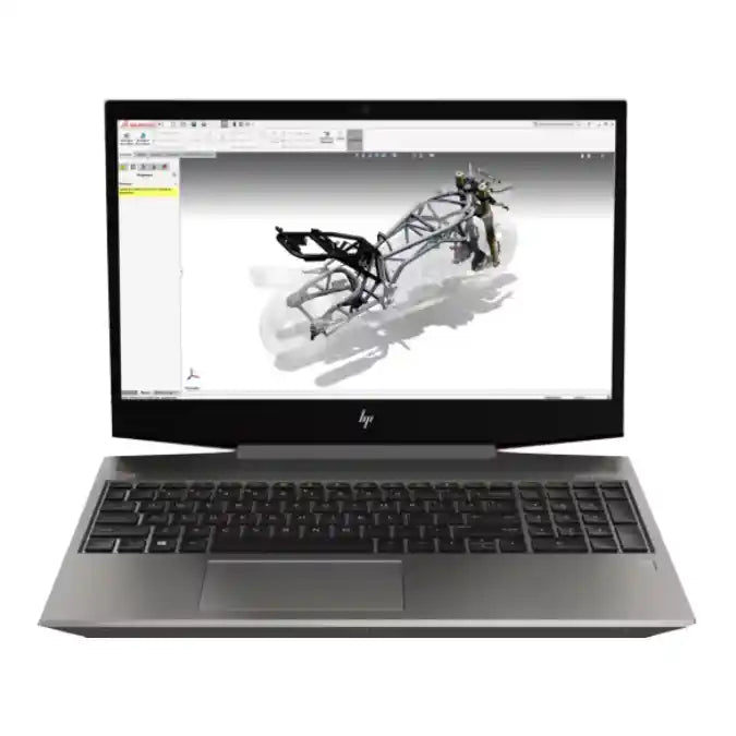An HP laptop shown open against a plain white background, with the screen displaying a 3D mechanical model in software.