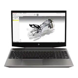 An HP laptop shown open against a plain white background, with the screen displaying a 3D mechanical model in software.