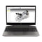 An HP laptop shown open against a plain white background, with the screen displaying a 3D mechanical model in software.