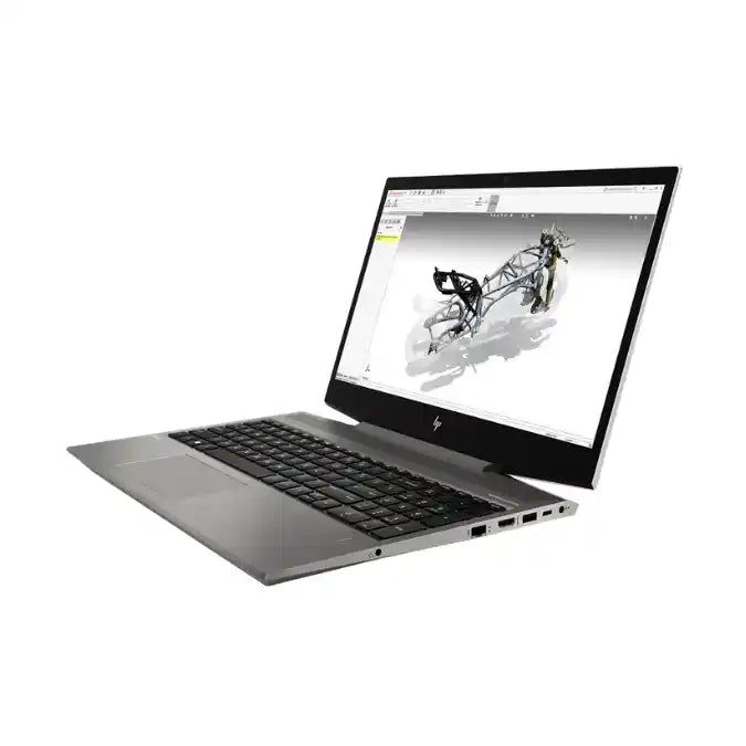 A silver HP laptop shown open at an angle on a plain white background, with a 3D model displayed on its screen.