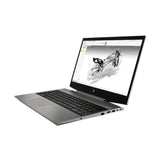 A silver HP laptop shown open at an angle on a plain white background, with a 3D model displayed on its screen.