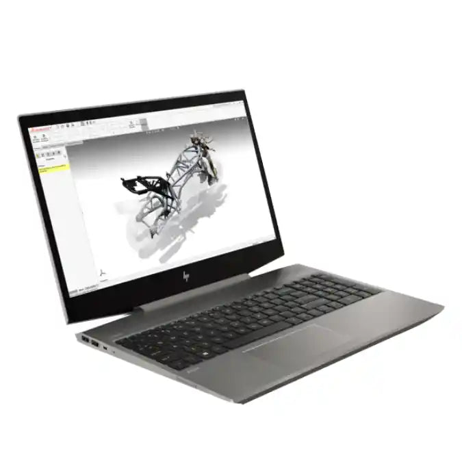 An open HP laptop in a dark gray finish, displaying a 3D modeling software interface on its screen, set against a plain white background.