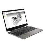 An open HP laptop in a dark gray finish, displaying a 3D modeling software interface on its screen, set against a plain white background.