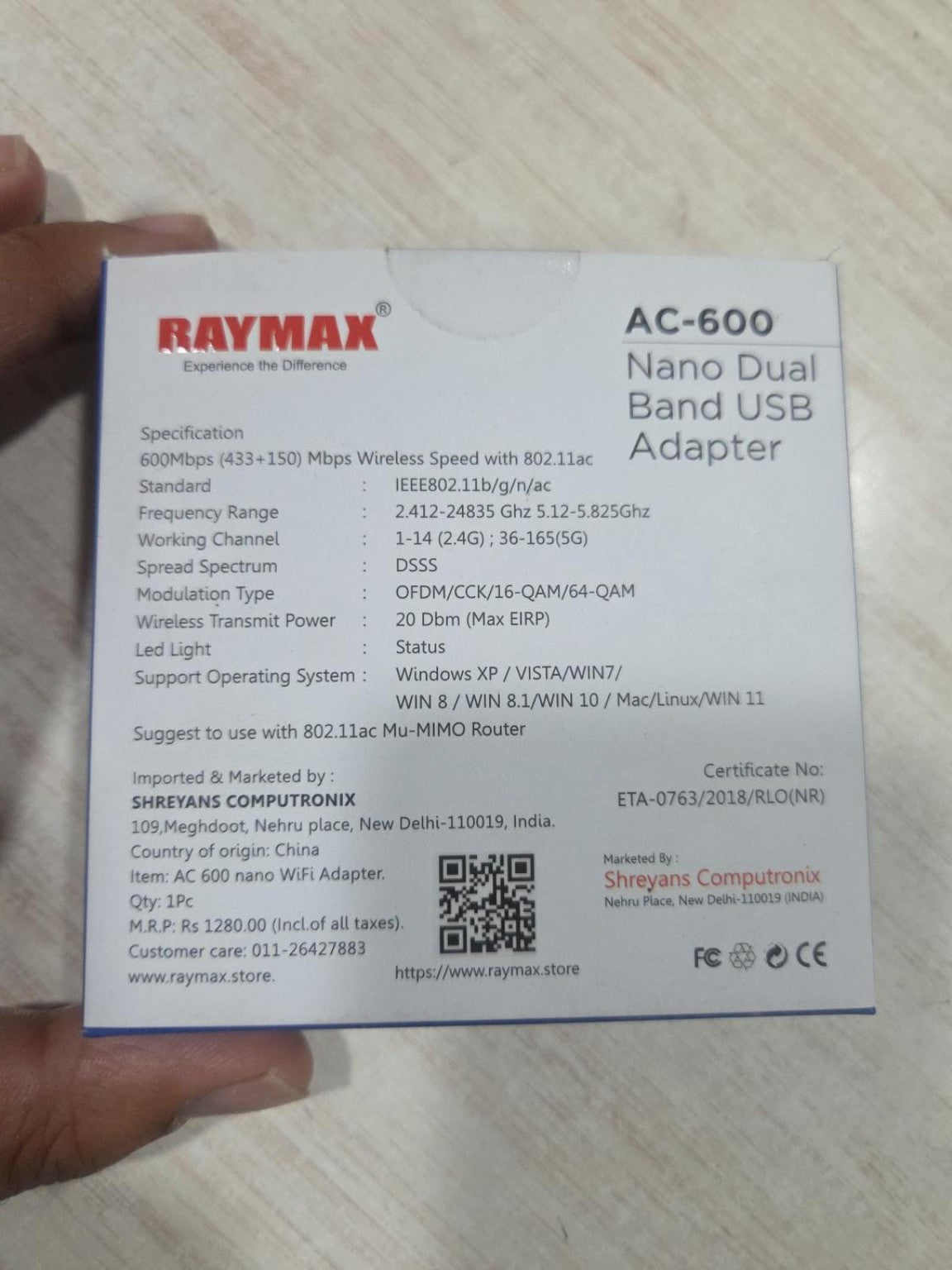 Raymax AC-R2 AC-600 USB Wi-Fi Adapter packaging specifications and MRP