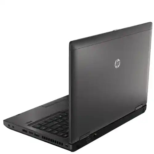 Black HP laptop on a white background