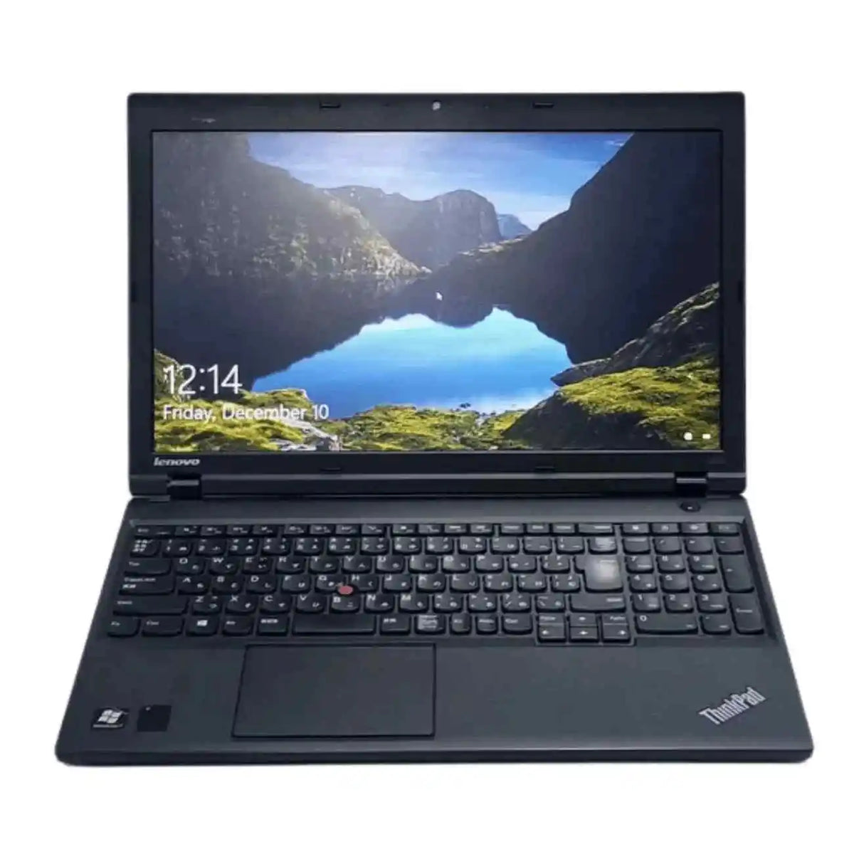 Black ThinkPad laptop with scenic display on a white background
