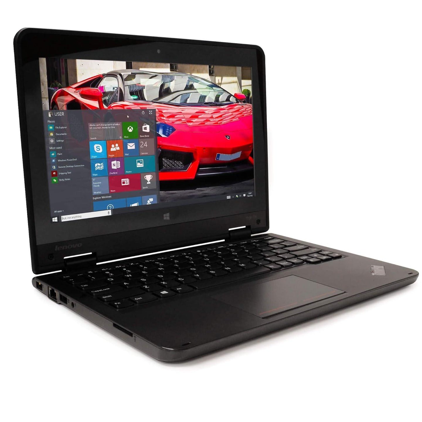 Left front view of Lenovo ThinkPad 11e 5th Gen Yoga 11.6-inch touchscreen laptop with visible left-side ports.- Rentopc