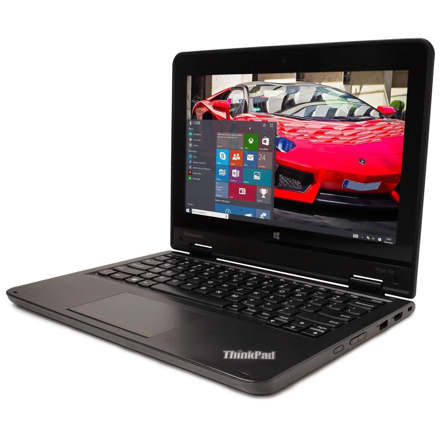 Lenovo ThinkPad 11e 5th Gen Yoga 11.6-inch touchscreen laptop with Windows 10 display and visible side ports.- Rentopc