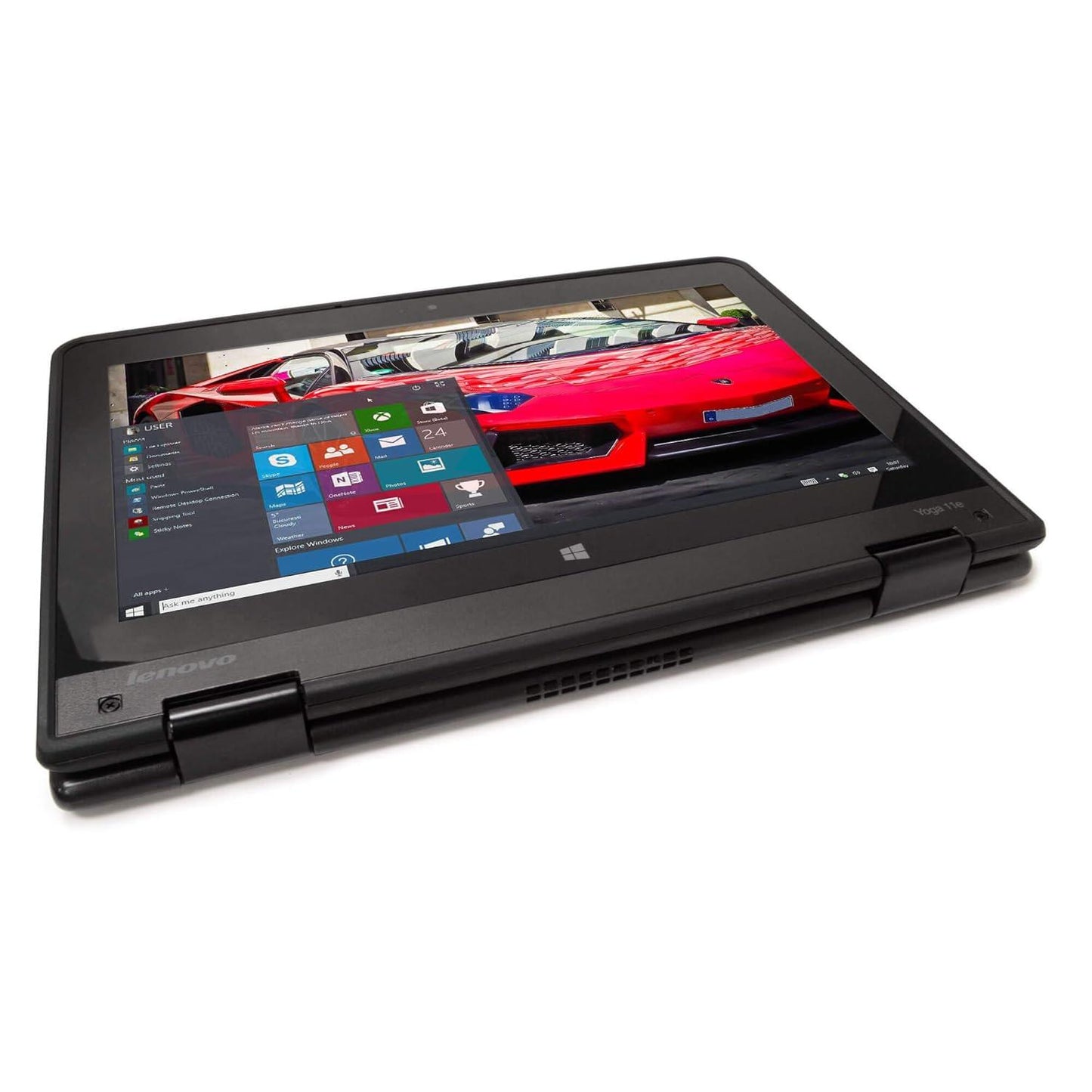 Lenovo ThinkPad 11e 5th Gen Yoga laptop in tablet mode with 11.6-inch touchscreen folded flat using 360-degree hinge.- Rentopc