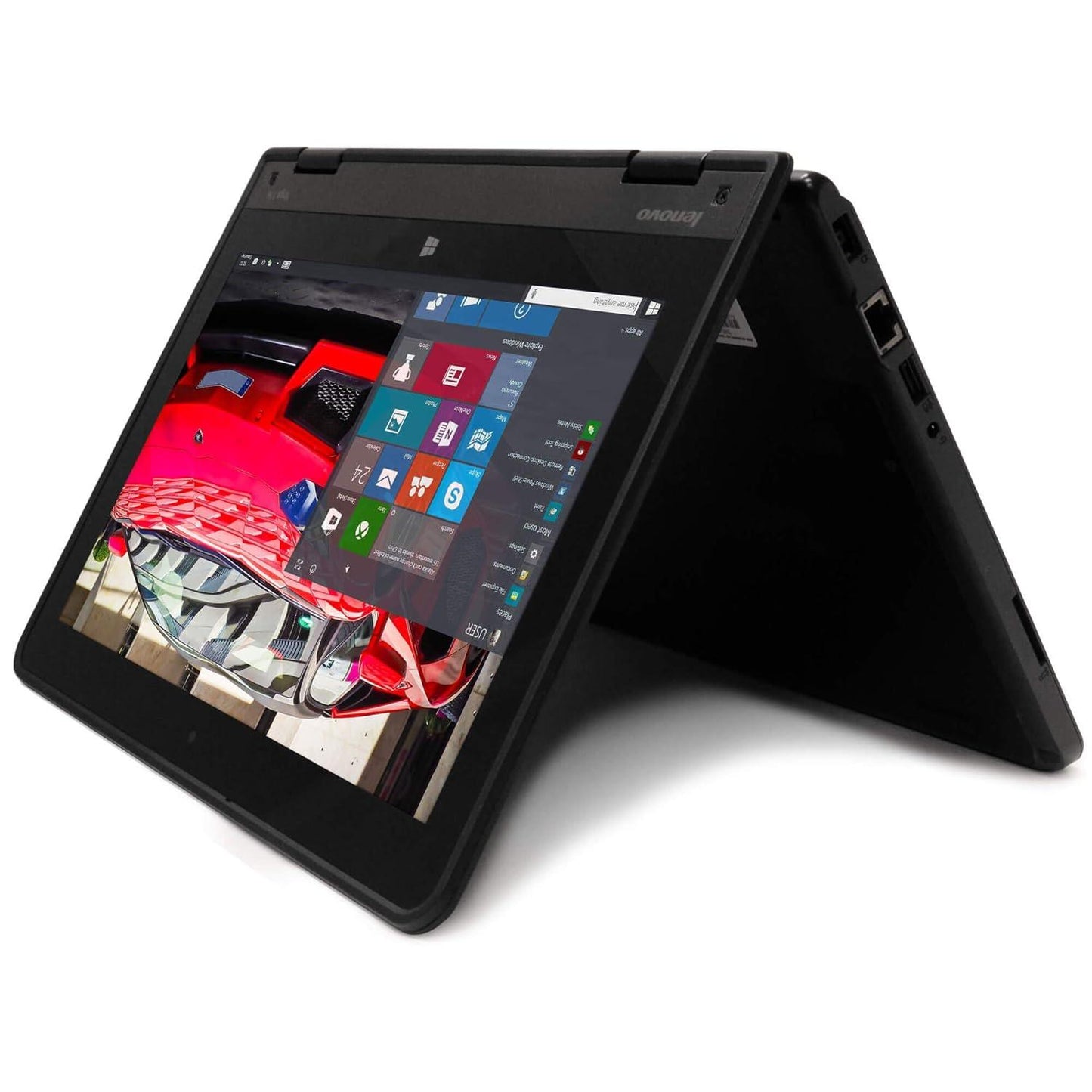 Lenovo ThinkPad 11e 5th Gen Yoga laptop in tent mode with 11.6-inch touchscreen showing 360-degree hinge flexibility.- Rentopc

