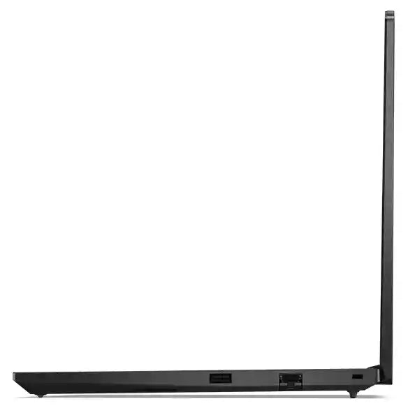 A slim black laptop shown from a side profile view, open at a slight angle, against a solid white background.