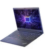 Open laptop with a futuristic purple and blue screen on a white background