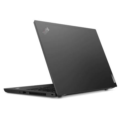 A black Lenovo ThinkPad laptop shown open at an angle, displaying its matte black lid with the ThinkPad logo and keyboard deck on a clean white background.