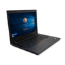 A black Lenovo ThinkPad laptop shown open at an angle on a clean white background, with the screen on displaying a Windows desktop and the ThinkPad logo visible on the palm rest.