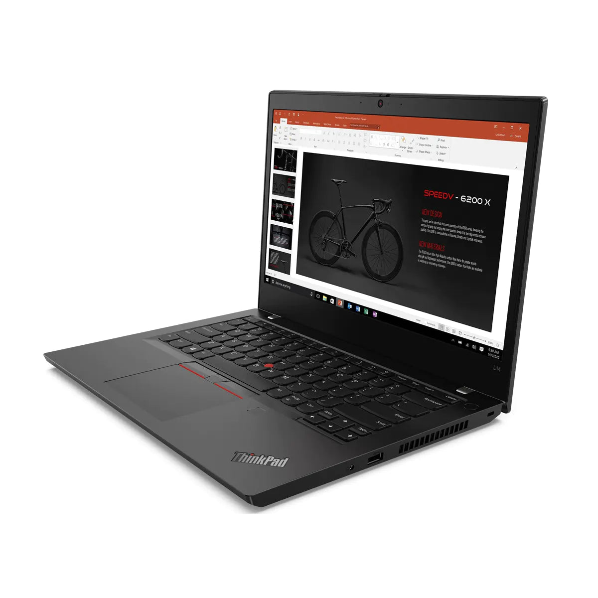A black Lenovo ThinkPad laptop shown open at an angle on a plain white background, with the screen turned on and displaying a presentation slide.