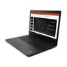 A black Lenovo ThinkPad laptop shown open at an angle on a plain white background, with the screen turned on and displaying a presentation slide.