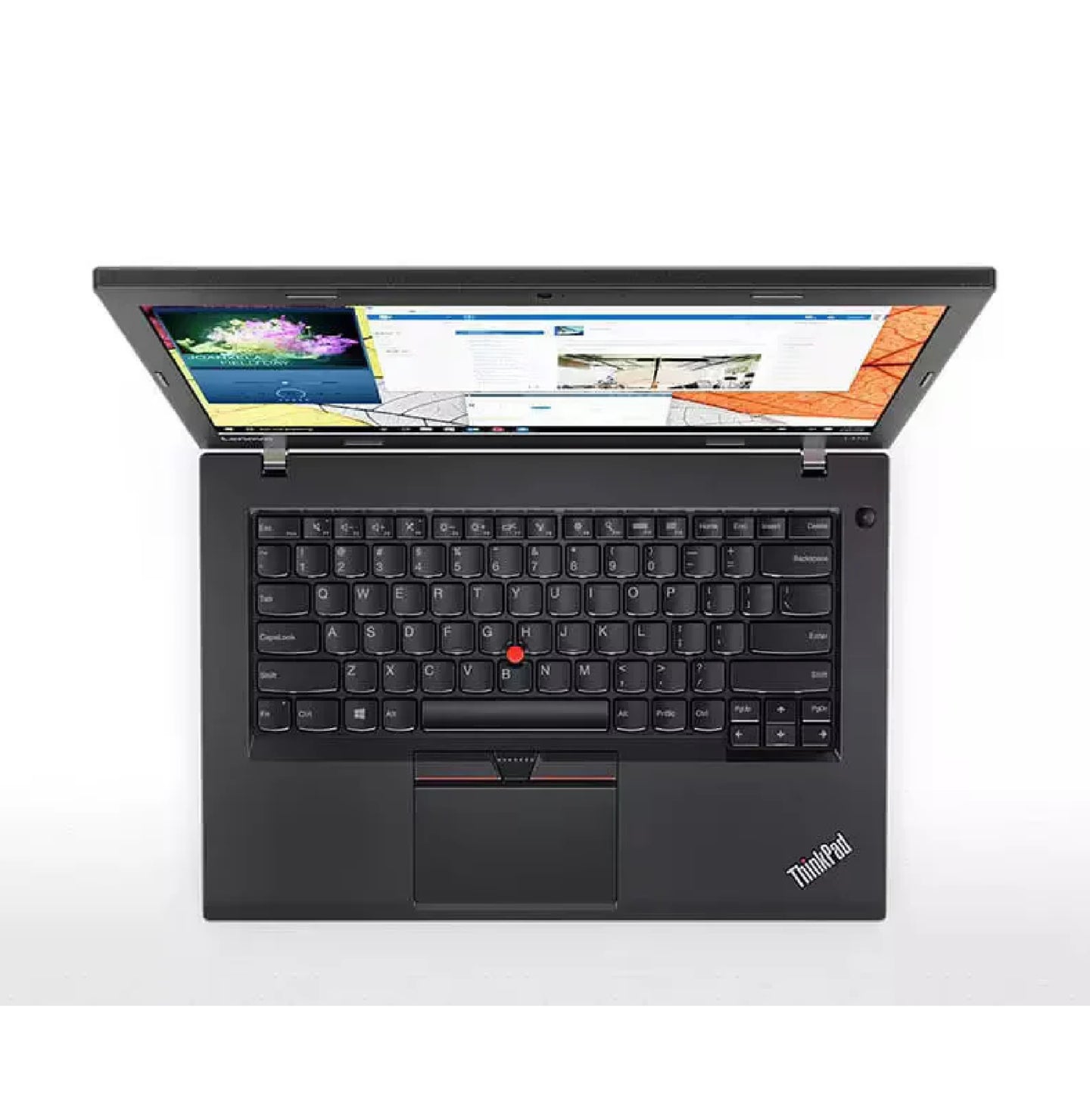 Lenovo ThinkPad L470 14-inch laptop top view showing full-size keyboard with TrackPoint, touchpad, and part-open display.- Rentopc