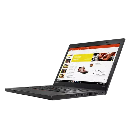 Lenovo ThinkPad L470 14-inch laptop side view showing open screen, keyboard, and multiple USB ports.- Rentopc