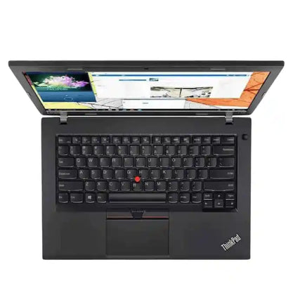 Lenovo ThinkPad laptop with open lid on a white background