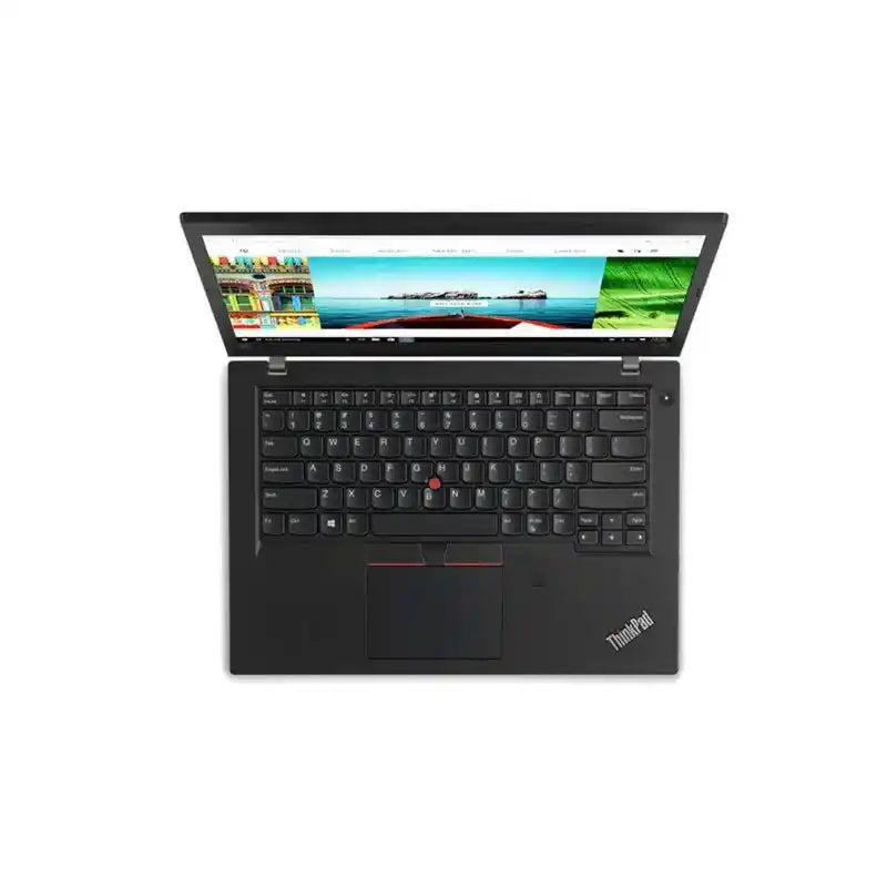 A black Lenovo ThinkPad laptop shown open from a top-down view on a plain white background. The screen is on and displays a colorful webpage, while the keyboard, trackpad, and red TrackPoint nub are clearly visible.