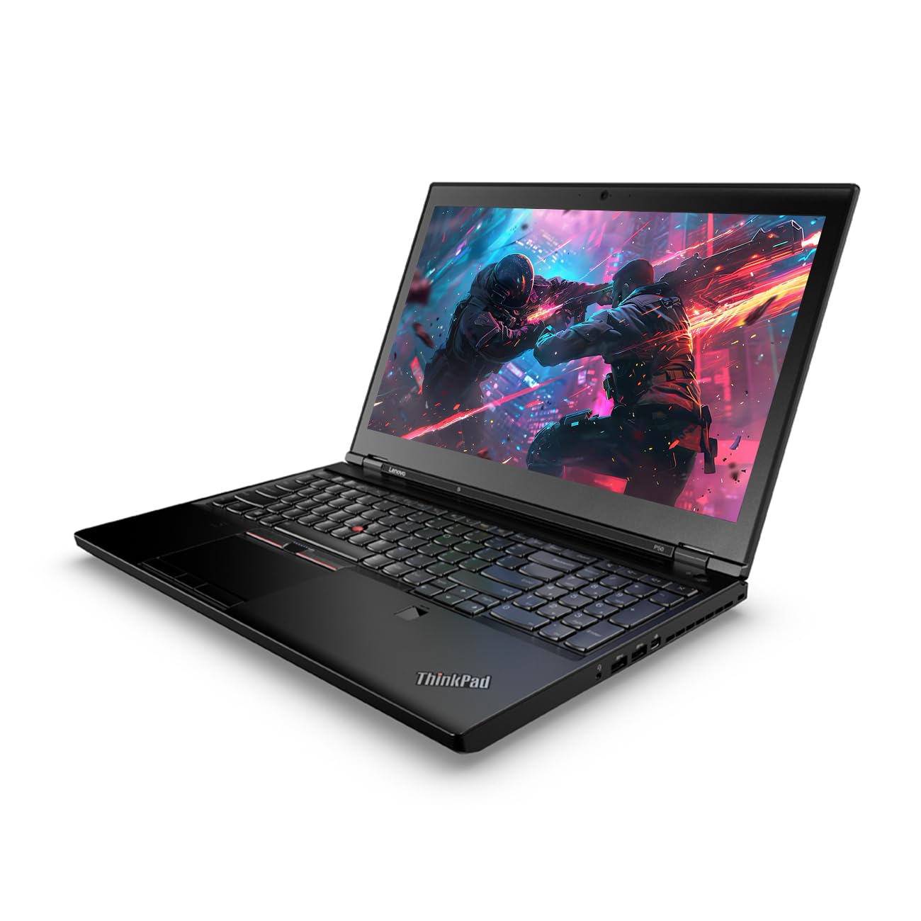 Lenovo ThinkPad P50 mobile workstation open showing 15.6 inch full HD display with gaming scene, keyboard, and durable black design.- Rentopc