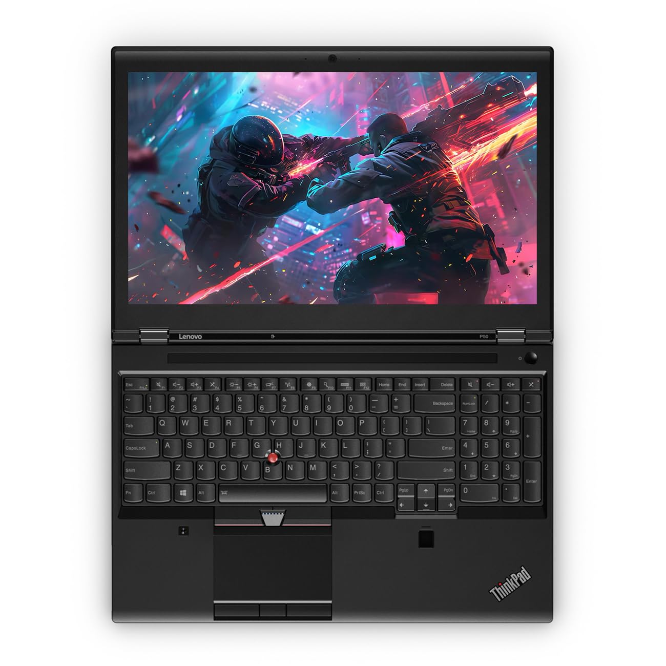 Lenovo ThinkPad P50 15.6 inch laptop fully open, showing full keyboard with TrackPoint, numeric keypad, and vibrant gaming display.- Rentopc