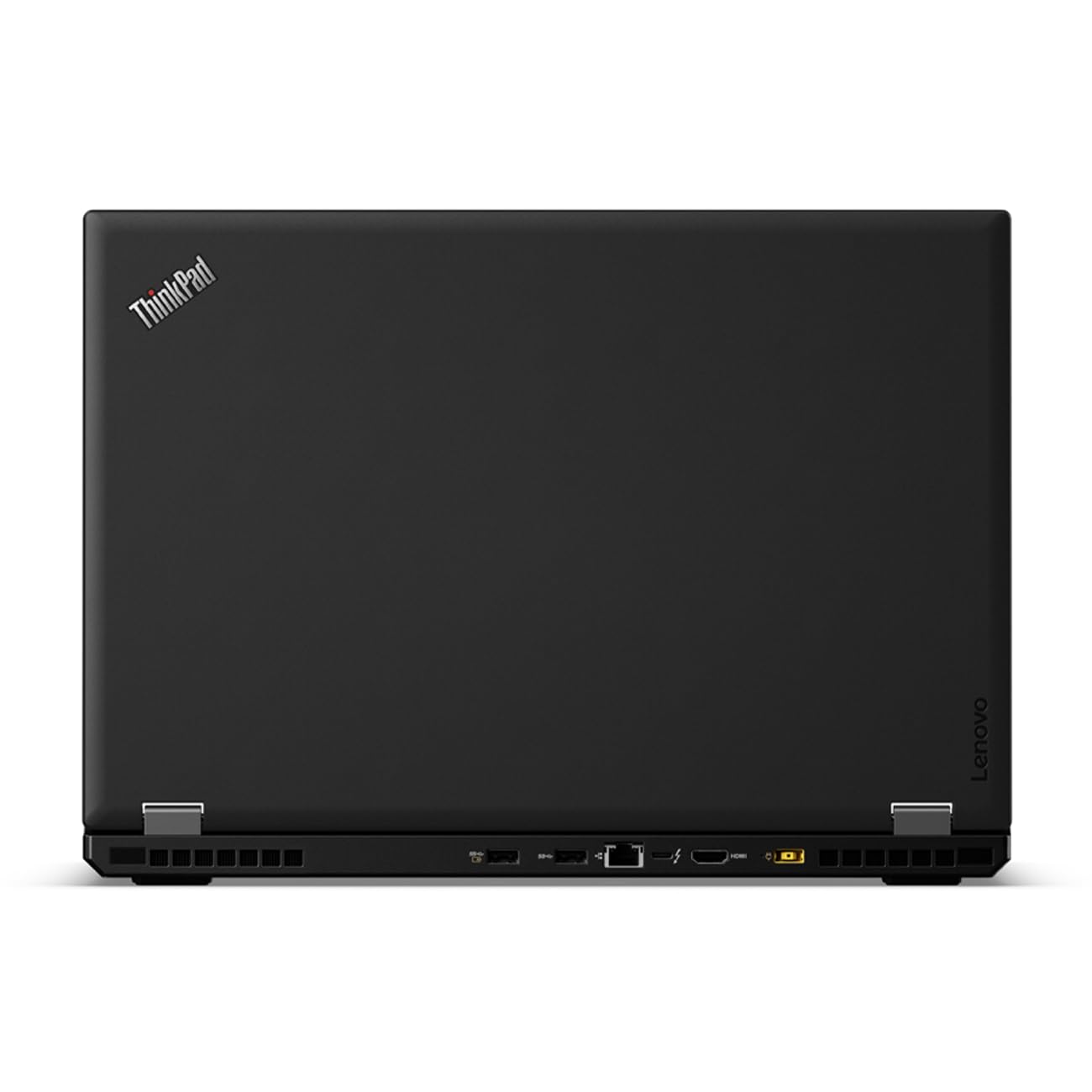 Lenovo ThinkPad P50 with iconic black matte finish with ThinkPad branding and showing hings , power port , usb and cooling vent.- Rentopc