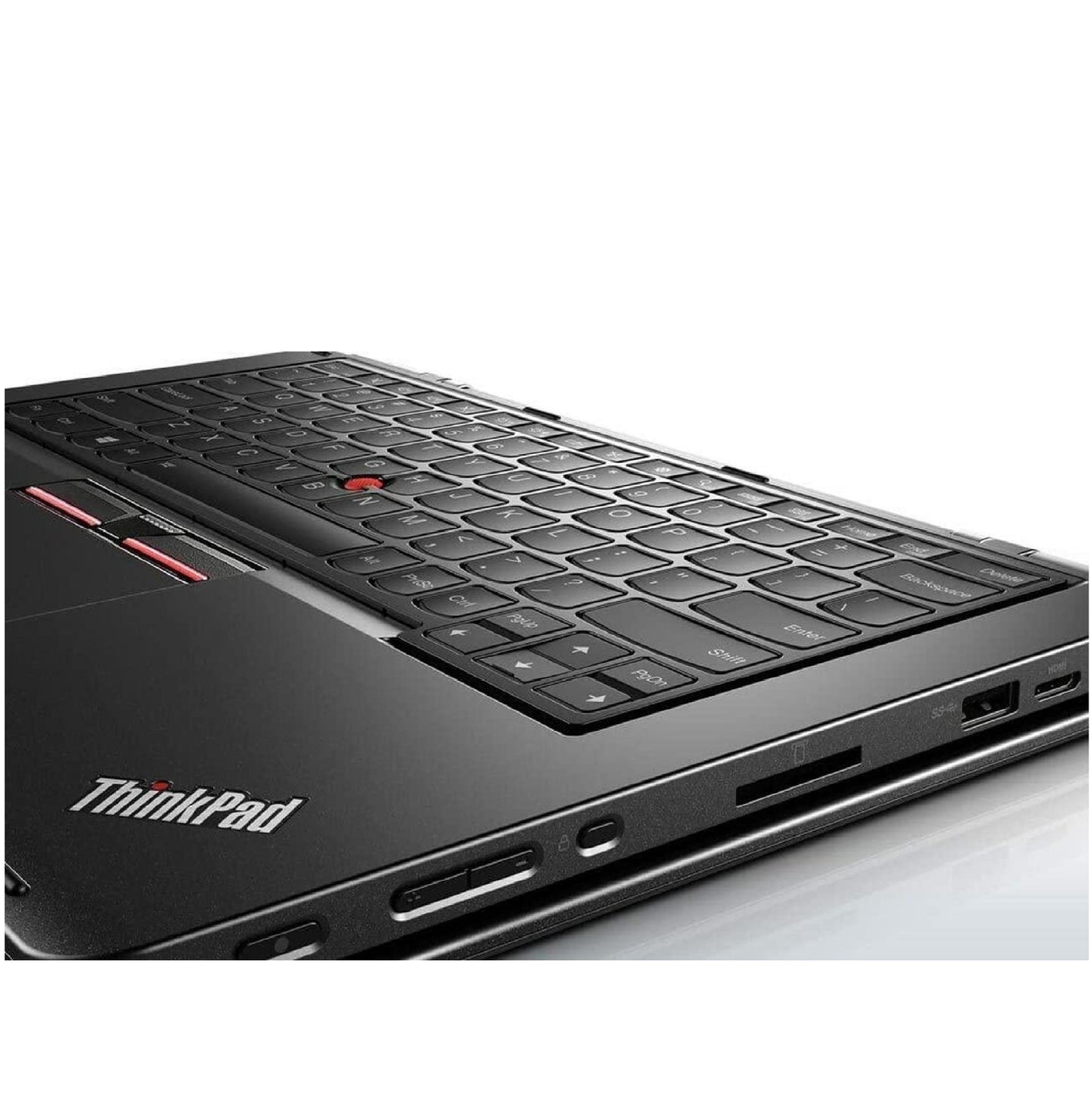 Lenovo ThinkPad S1 Yoga left side view with USB ports, SD card reader, and ThinkPad keyboard.- Rentopc