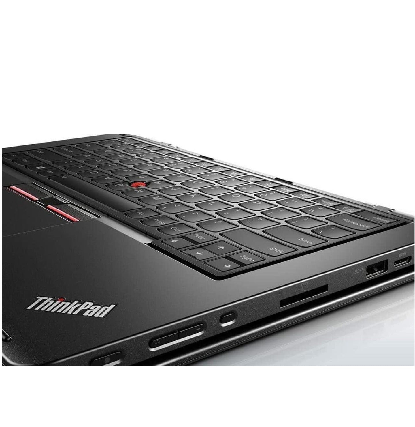Lenovo ThinkPad S1 Yoga left side view with USB ports, SD card reader, and ThinkPad keyboard.- Rentopc
