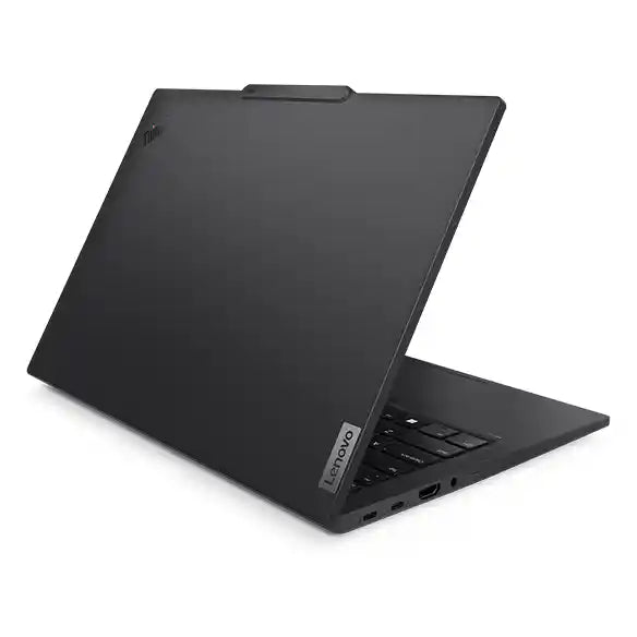 A black Lenovo laptop shown open at an angle, displaying its matte black lid, keyboard, and ports against a clean white background.