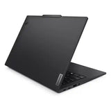 A black Lenovo laptop shown open at an angle, displaying its matte black lid, keyboard, and ports against a clean white background.