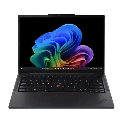 A black Lenovo ThinkPad laptop shown open against a plain white background, with the screen turned on and displaying a colorful abstract wallpaper.