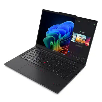 A black Lenovo ThinkPad laptop shown open at an angle on a clean white background, with the screen turned on and displaying colorful wallpaper and a software interface.