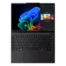 A black Lenovo ThinkPad laptop shown open against a plain white background, with the screen turned on and displaying a colorful abstract wallpaper and a software panel on the right side of the display.