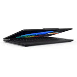 A black Lenovo ThinkPad laptop shown open at an angle, with the screen turned on and displaying a colorful wallpaper. The laptop is photographed on a seamless white studio background.