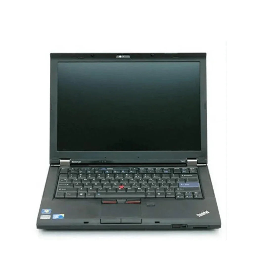 Front full view of Lenovo ThinkPad T410 laptop with screen open, showing full keyboard, touchpad, and trackpoint.- Rentopc