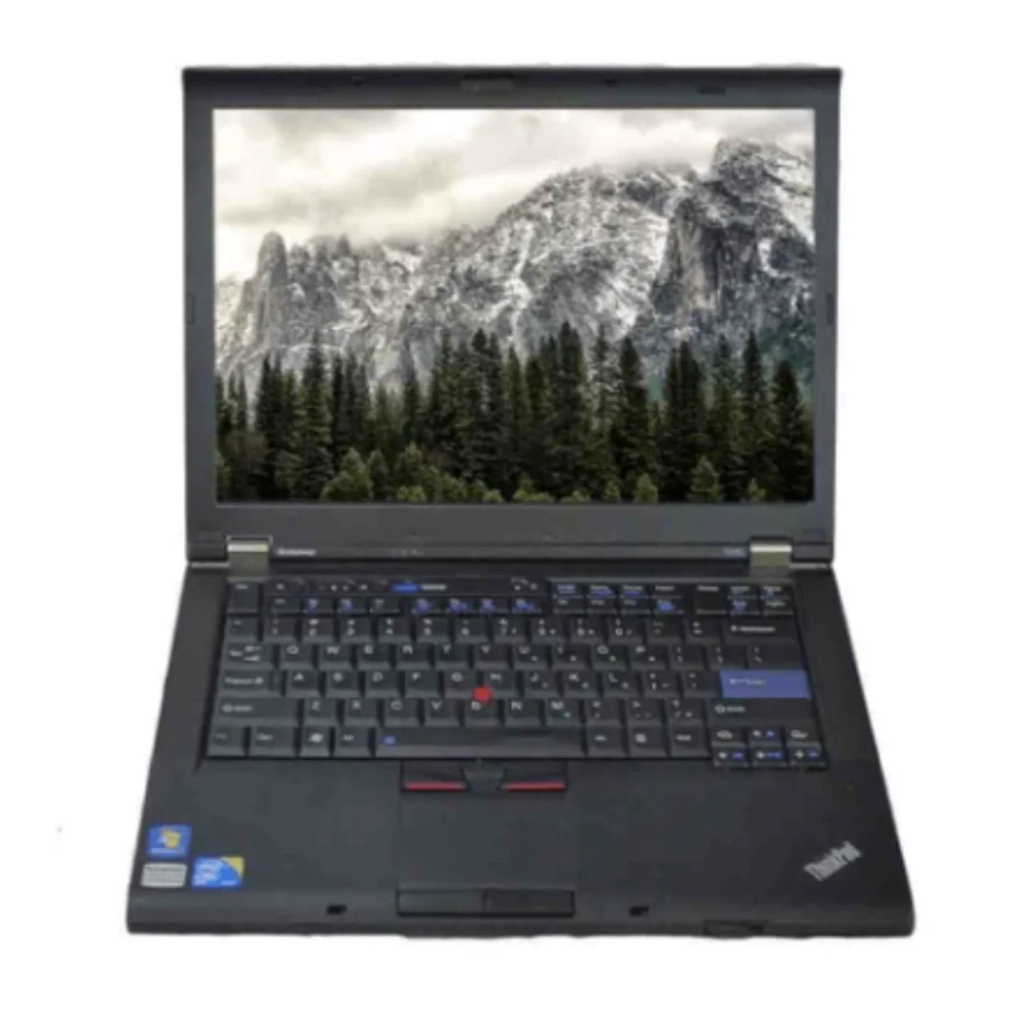 ThinkPad T410 open front view showing 14-inch screen, keyboard, and touchpad.- Rentopc