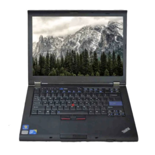 ThinkPad T410 open front view showing 14-inch screen, keyboard, and touchpad.- Rentopc